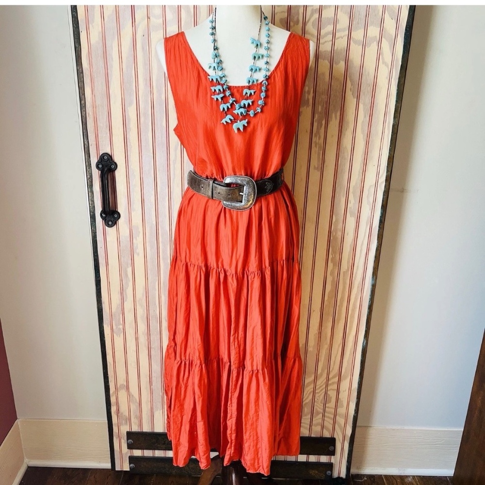 Eileen Fisher Sleeveless Coral Washed Silk Sleeveless Tiered Peasant Dress M